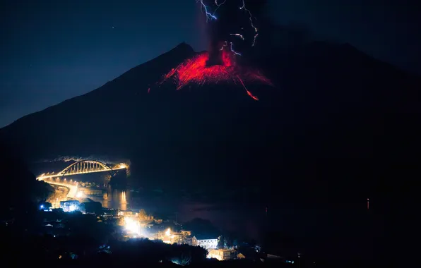 The city, fire, element, the volcano, the eruption, lava, Sakurajima