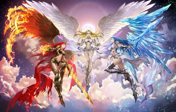 Wings, fantasy, art, Bluezima : Dong-Wook Shin, Three Goddess
