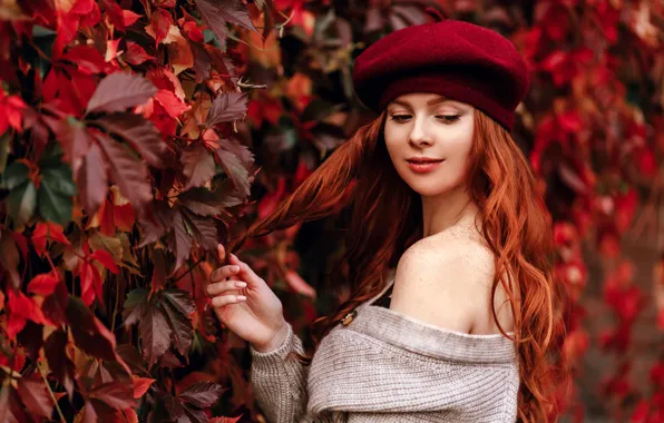 Leaves, girl, pose, hair, hand, portrait, red, redhead