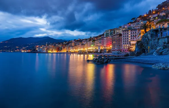 Sea, coast, building, home, Italy, night city, Italy, The Ligurian sea