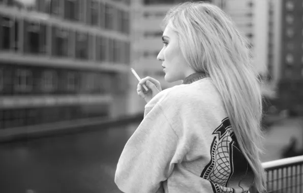 City, girl, woman, model, bokeh, cigarette, black and white, female