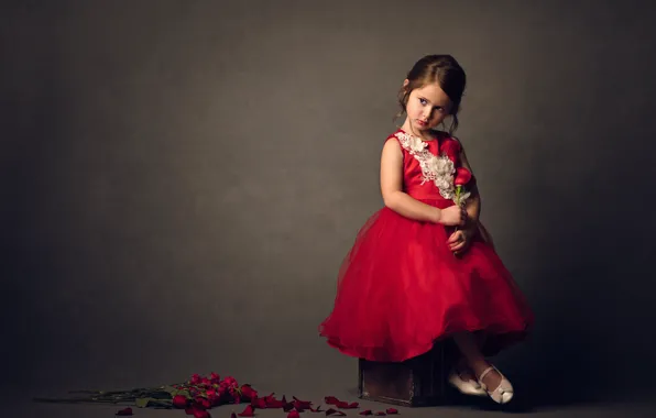 Picture flowers, background, mood, rose, petals, girl, red dress