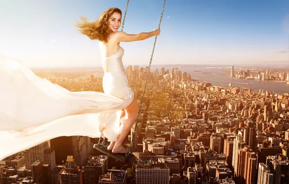 The sky, girl, the sun, the city, smile, background, swing, mood