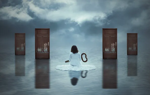 Girl, door, key, art, choice