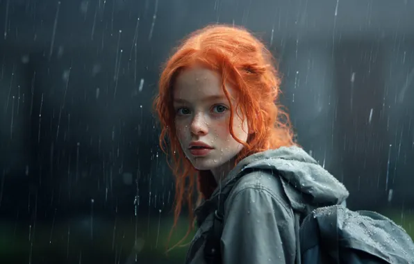 Rain, girl, red, AI art, neural network, the art of artificial intelligence