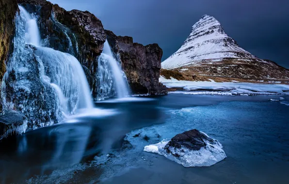 Kirkjufell, snow, snowy peaks, Kirkjufell Mountain, Iceland, landscape, photography, waterfall