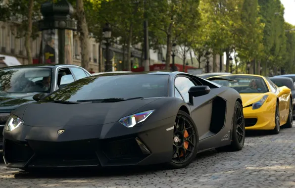 Street, black, Ferrari, Lambo