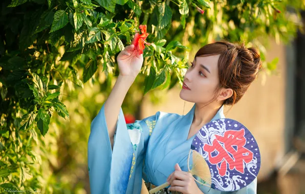 Leaves, the sun, flowers, branches, pose, model, portrait, makeup