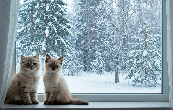 Forest, snow, window, kittens