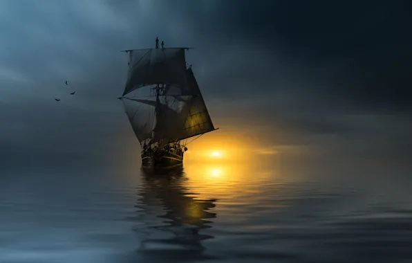 Sunset, birds, the ocean, ship, sails, photographer, Christian Wig