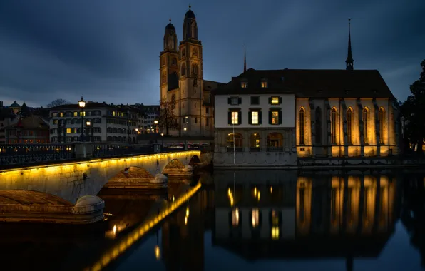 Picture lights, the evening, Switzerland, Zurich, River Limmat, Bridge, Cathedral Bridge