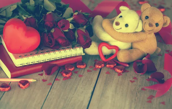 Love, gift, roses, bear, love, bear, heart, romantic