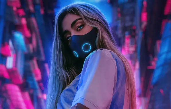 Picture city, girl, mask, ai art, neon