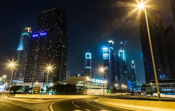 Night, lights, road, skyscrapers, Dubai, Dubai, UAE, Arab Emirates