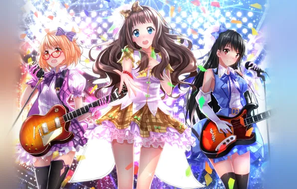 Picture look, smile, girls, wings, guitar, anime, art, glasses