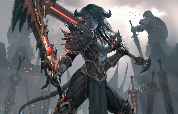 Picture girl, weapons, sword, armor, warrior, art, tail, horns, world of warcraft, wlop