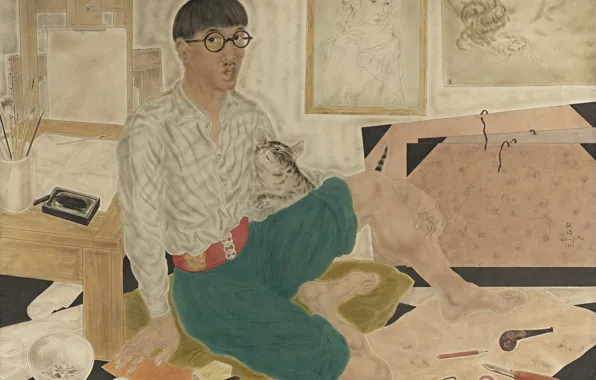 Cat, paper, silk, watercolor, pictures, 1932, Tsuguharu, Fujita