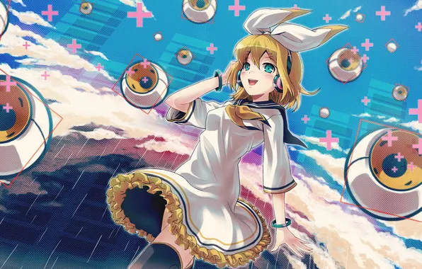 Picture the sky, girl, clouds, headphones, art, vocaloid, bow, kagamine rin
