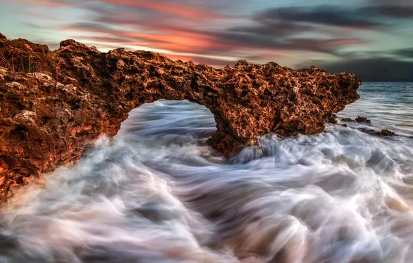 Sea, wave, squirt, rocks, hdr, arch