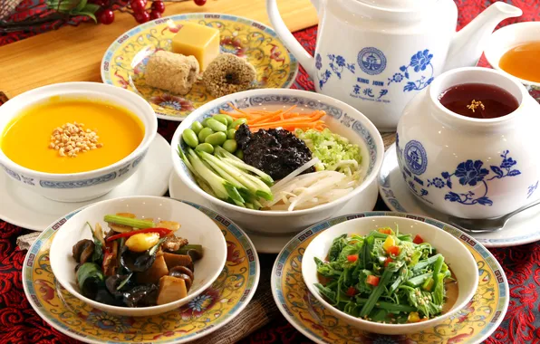 Tea, soup, dishes, vegetables, Japanese cuisine, meals, cuts