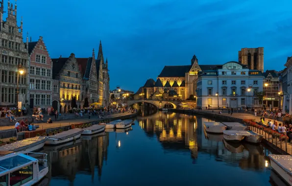 Picture bridge, the city, building, home, boats, the evening, lighting, lights