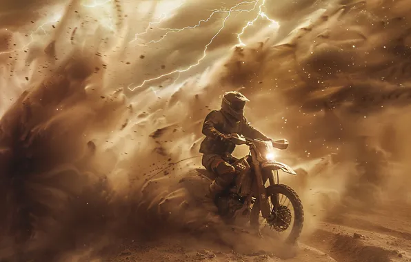 Sand, Dust, Lightning, Desert, Clouds, Motorcycle, Male, Dakar