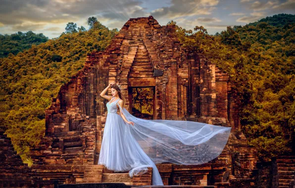 Girl, style, crown, dress, the ruins, Asian