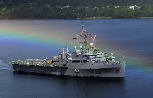 Picture ship, rainbow, Navy, combat, sea.