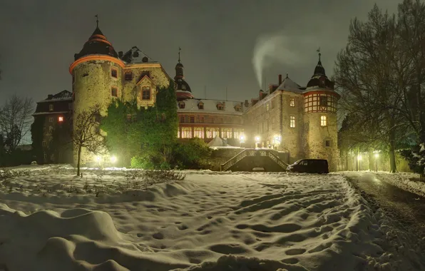 Winter, snow, trees, night, lights, castle, Germany, lights