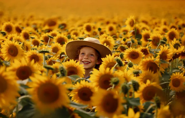 Sunflowers, child, hat, boy, digital art, AI art, neural network, the art of artificial intelligence