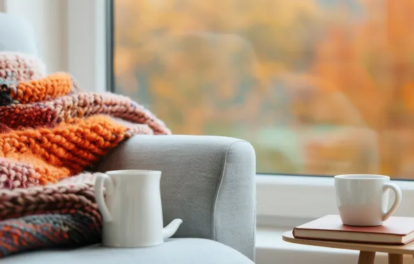 Autumn, comfort, room, tea, chair, kettle, window, mug