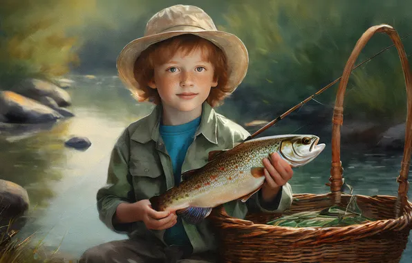 Summer, look, nature, childhood, river, fishing, portrait, fish