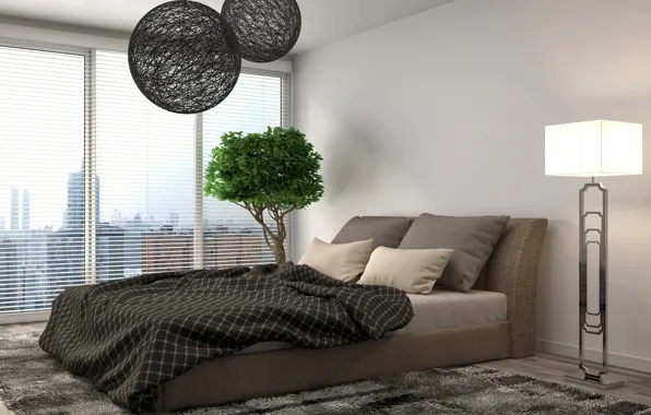 Picture design, room, tree, Windows, Bush, lamp, bed, carpet