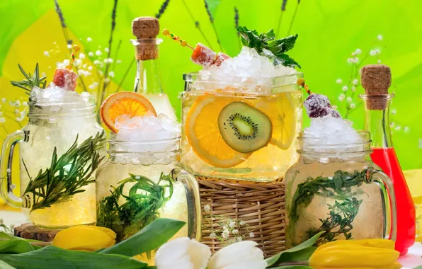 Ice, lemon, orange, kiwi, fruit, drinks, lemonade, rosemary