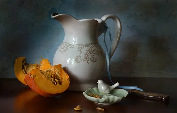 Picture plate, knife, dishes, pumpkin, pitcher, still life, seeds, the milkman