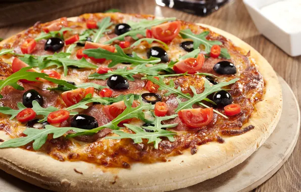 Cheese, pizza, tomatoes, olives, sausage, cakes, pizza, cheese