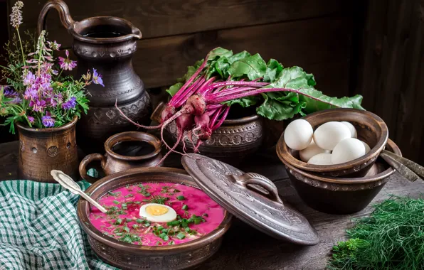 Picture flowers, eggs, tops, dill, soup, pitcher, beets, still life of bowls