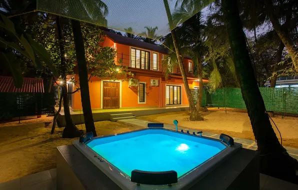 The city, palm trees, Villa, the evening, architecture, facade, home lighting, swimming pool jacuzzi