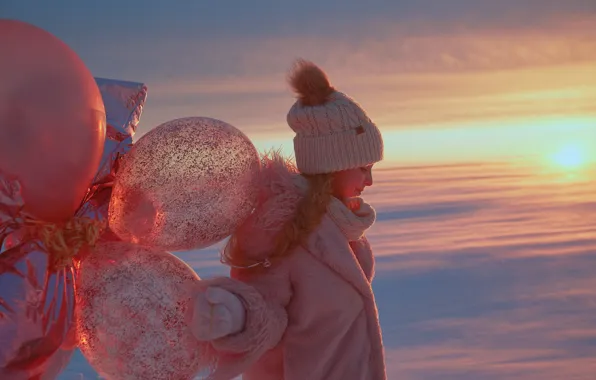Winter, balloons, hat, girl, coat, Alexander Grankin