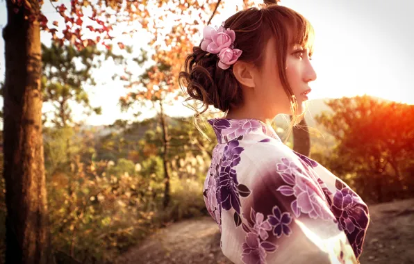 Mood, women, asian, sunlight, kimono, portrait
