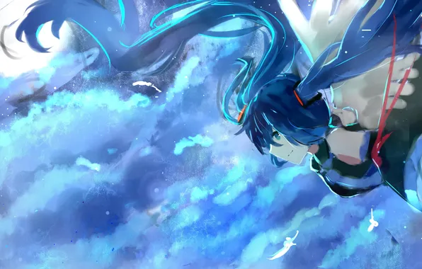 Picture the sky, girl, clouds, smile, wings, anime, art, vocaloid