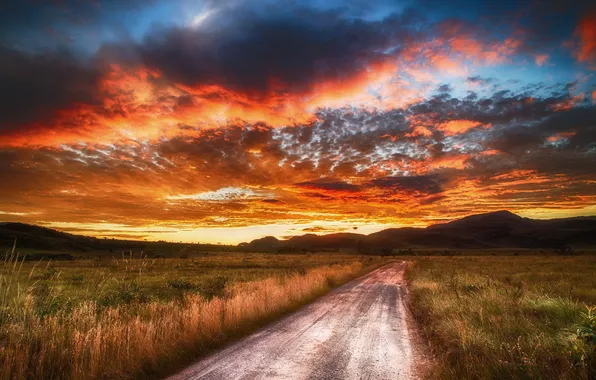 Road, field, the sky, clouds, Brazil, Brasilia, Cerrado, hills. sunset