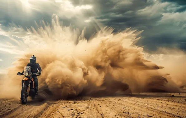 Sand, Dust, Desert, Clouds, Motorcycle, Male, Dakar, Digital art