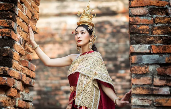 Look, girl, decoration, face, pose, wall, the building, crown