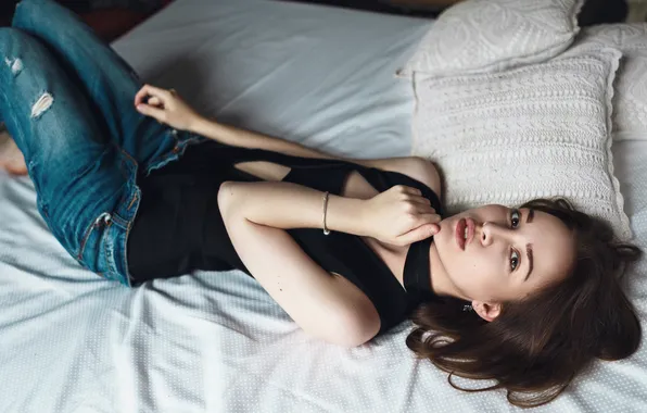 Picture look, girl, pose, model, portrait, jeans, pillow, makeup