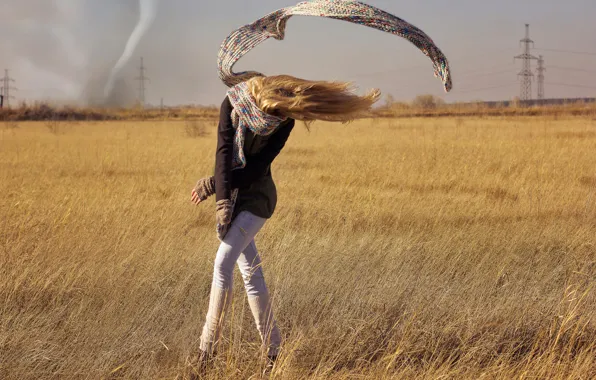 Field, girl, scarf, tornado