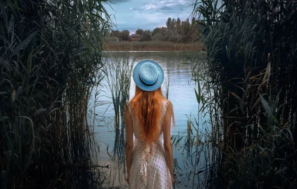 Picture girl, river, dress, hat, Mikhail Potapov