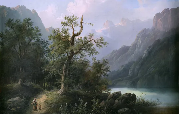 Girl, Mountains, Boy, Trees, River, Picture, Austrian landscape painter, Edward Boehm