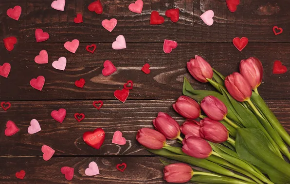 Love, red, bouquet, hearts, tulips, red, love, wood