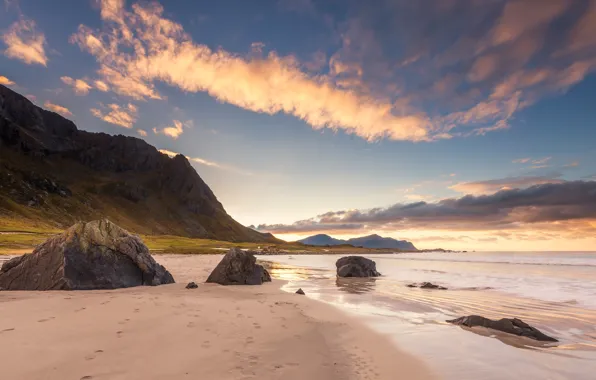Sand, sea, beach, clouds, landscape, mountains, traces, nature